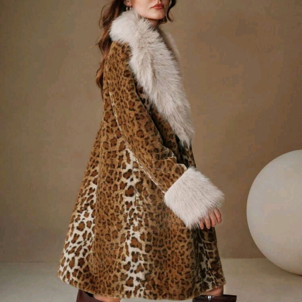 Faux Fur Leopard Print Fluffy Trim A-Line Waist Long Women's Coat - Picture 5 of 9